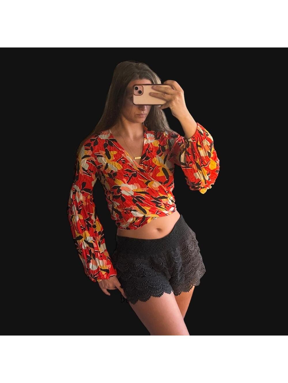 Billabong Floral Long Sleeve Tie Front Crop Top Size S
